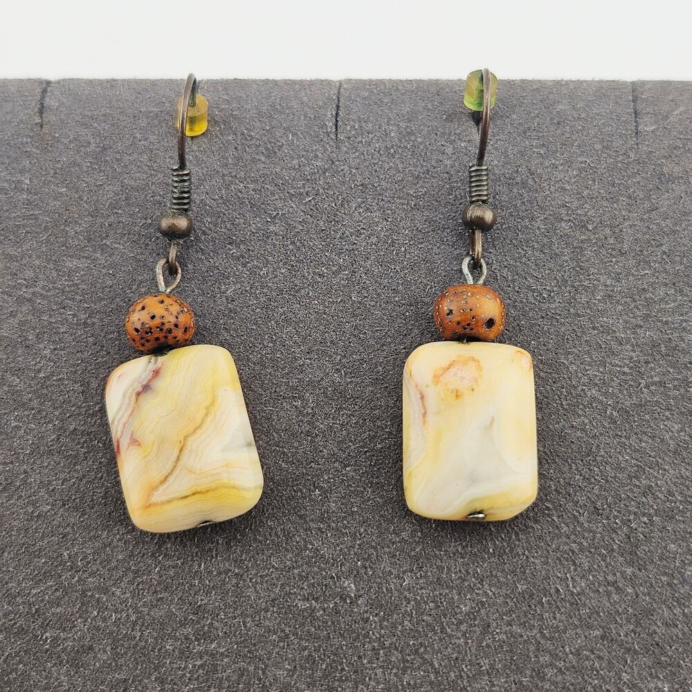 Rectangle Stone Beaded Drop Earrings Natural Cream Brown Earth Tone Bohemian